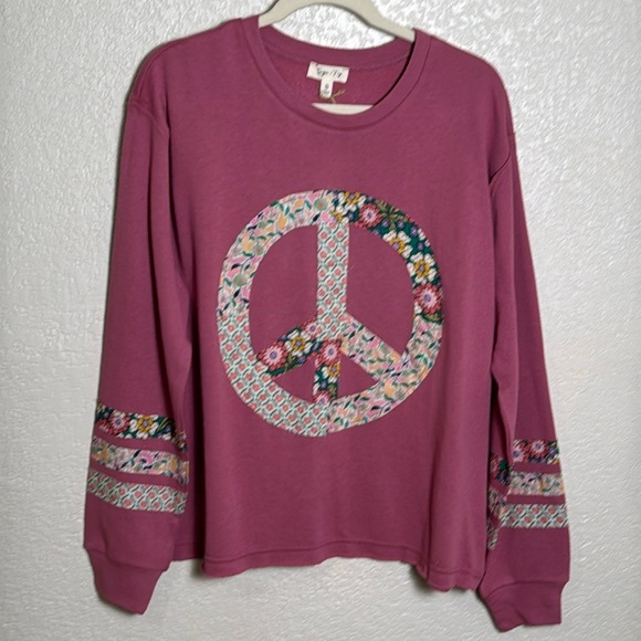 Safe & Fig Womens Small Pink Peace‎ Sweatshirt Fabric Detail Round Neckline NWT - Picture 1 of 5